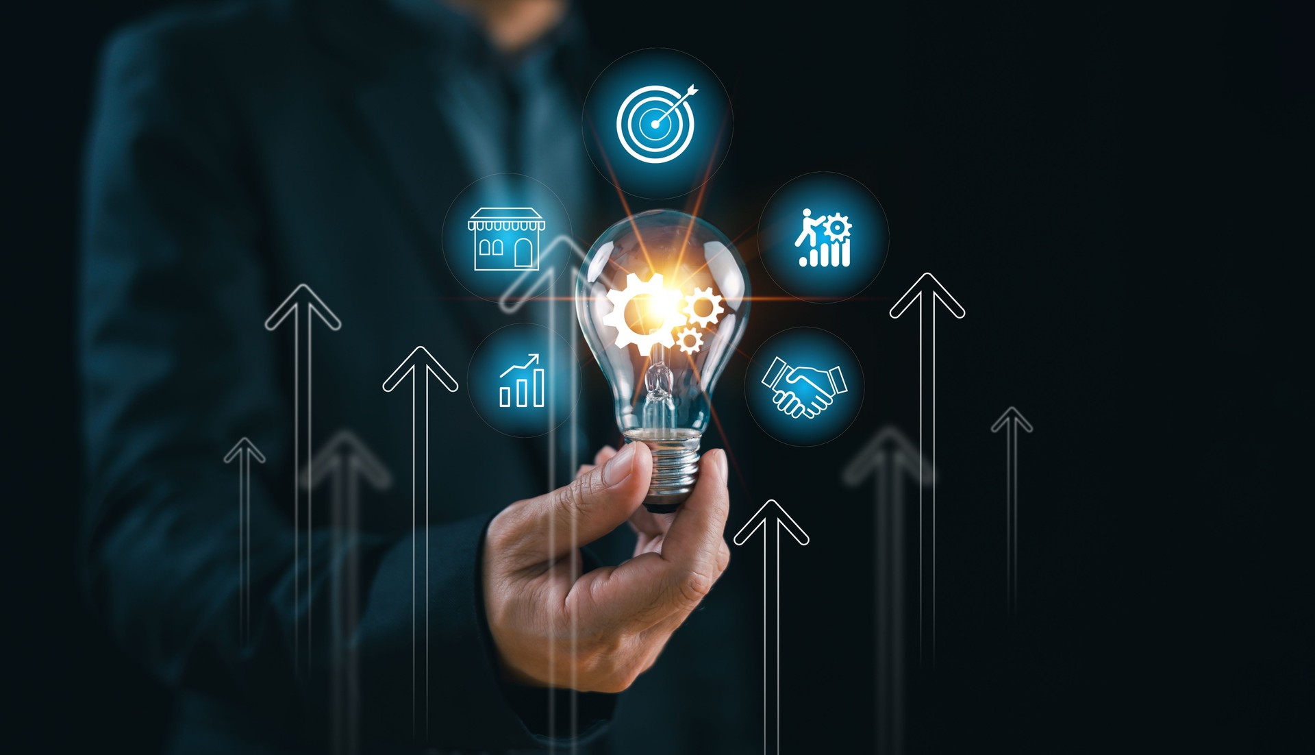 Business target analytics strategy project. Business plan profit growth concept. Digital marketing sale analysis, market development, finance data. Man hold light bulb with financial report icon
